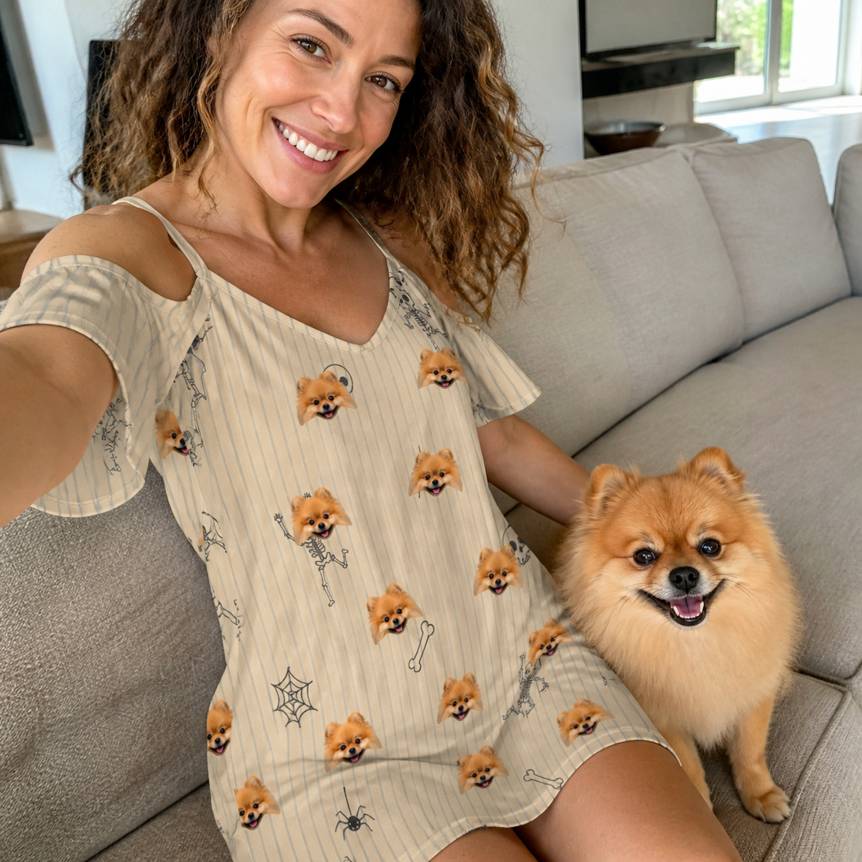 Selfie with the pet whose face is printed all over this Women's Arachnid Antics Custom Dog Face Off-Shoulder Dress