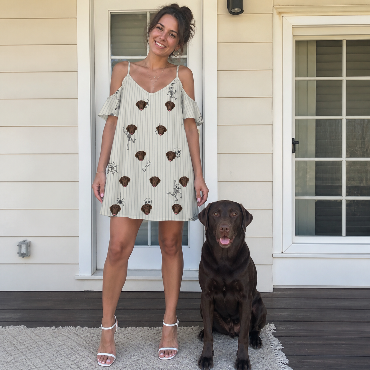 Full-length photo with the pet printed all over this Women's Arachnid Antics Custom Dog Face Off-Shoulder Dress