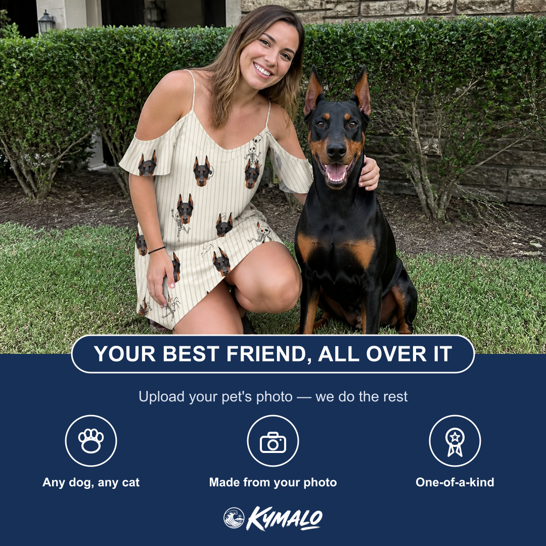 Friends in matching Women's Arachnid Antics Custom Dog Face Off-Shoulder Dress — a group gift photo