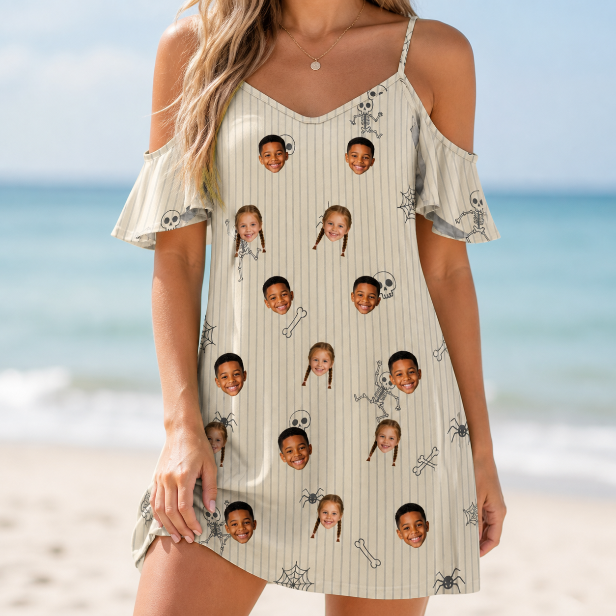 Model wearing Women's Arachnid Antics Custom Face Off-Shoulder Dress printed with kids' faces
