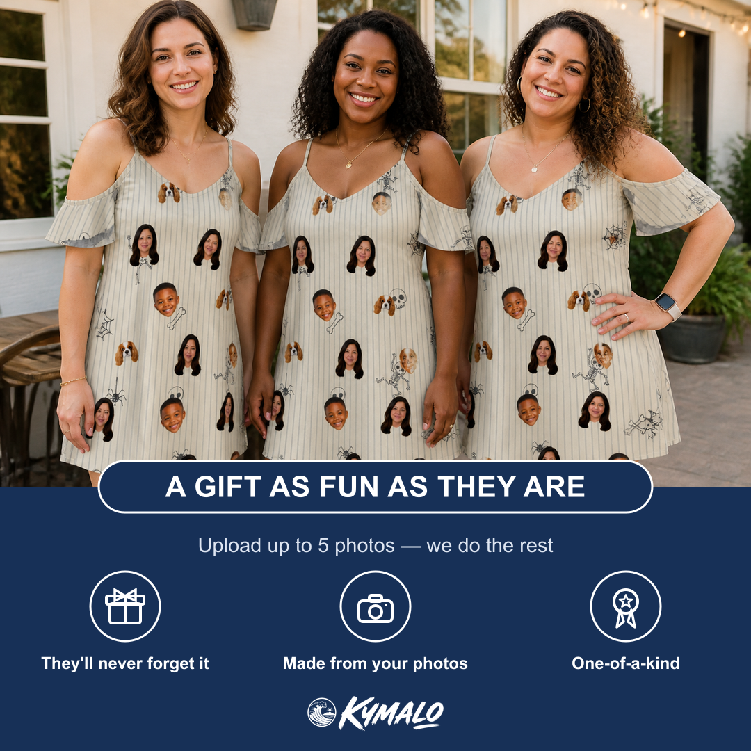Friends in matching Women's Arachnid Antics Custom Face Off-Shoulder Dress — a group gift photo