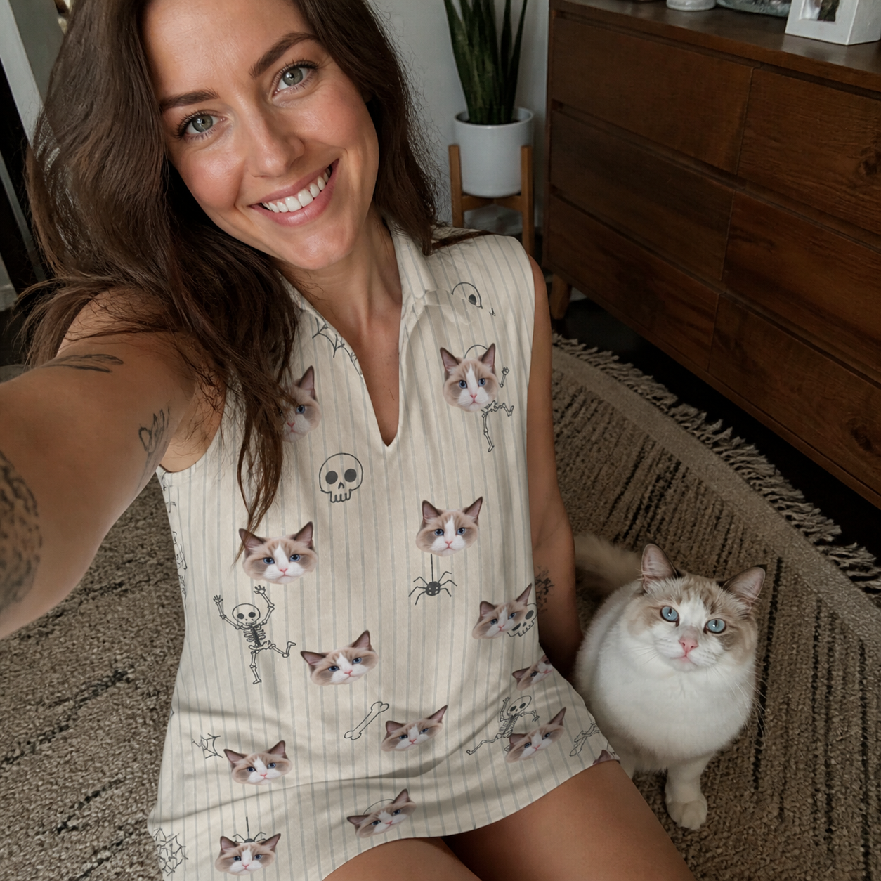 Selfie with the pet whose face is printed all over this Women's Arachnid Antics Custom Cat Face V-Neck Dress