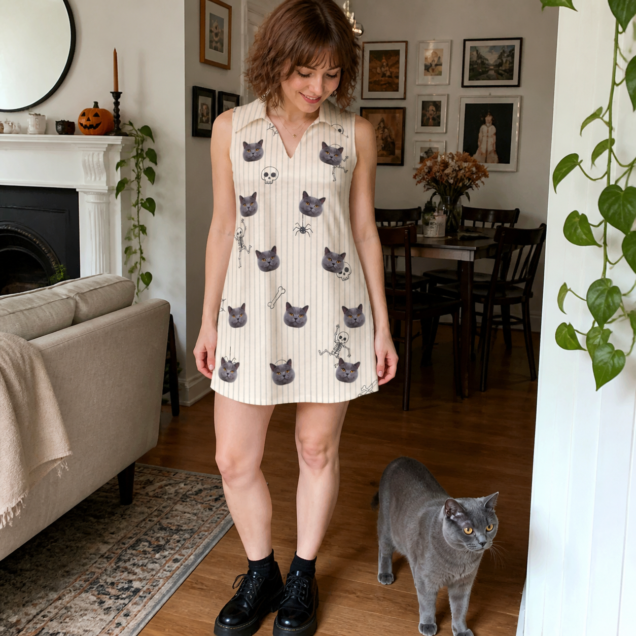 Full-length photo with the pet printed all over this Women's Arachnid Antics Custom Cat Face V-Neck Dress