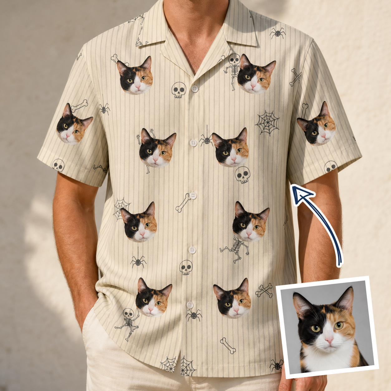 Man wearing Men's Arachnid Antics Custom Cat Face Hawaiian Shirt — custom faces printed all-over