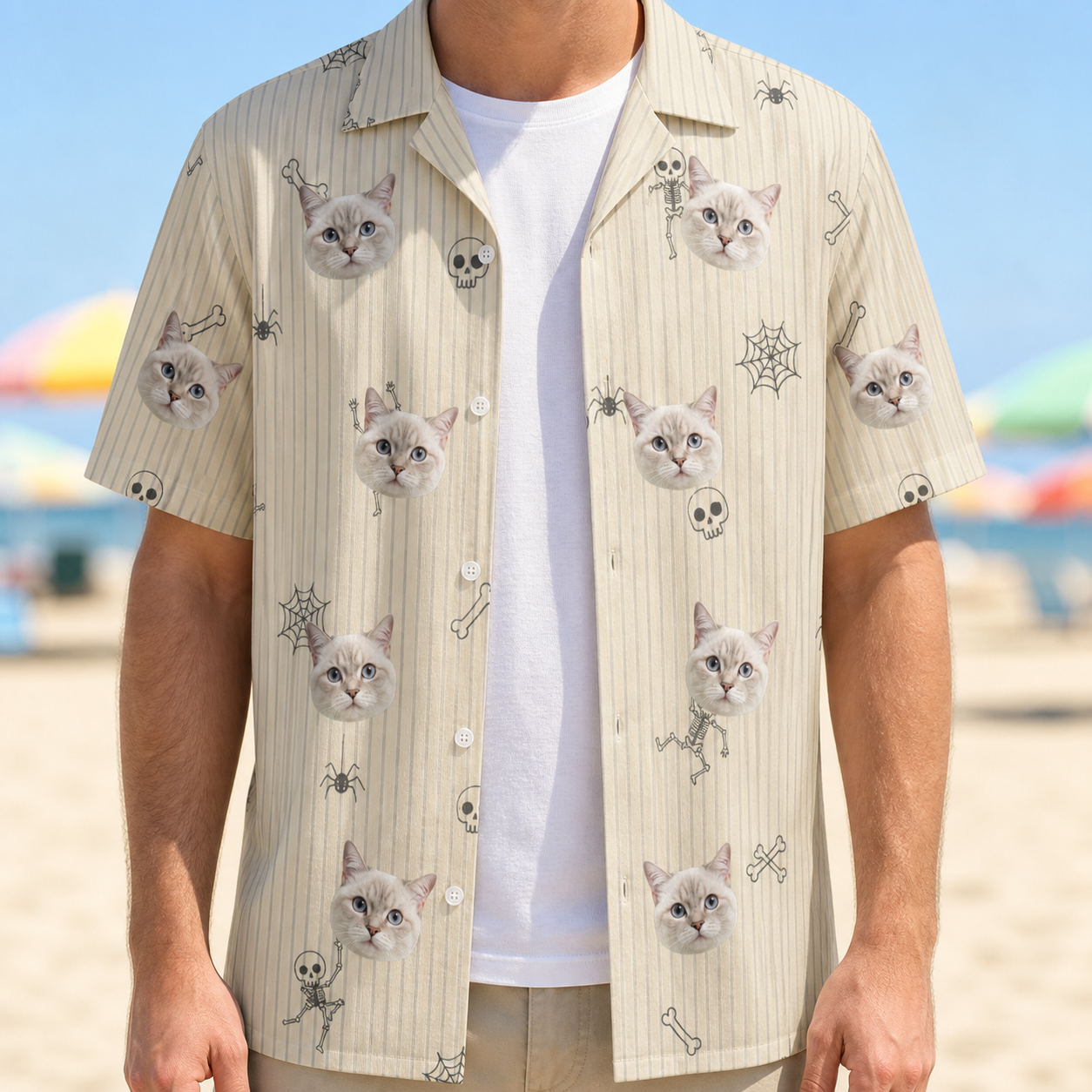 Man wearing Men's Arachnid Antics Custom Cat Face Hawaiian Shirt open over a white tee