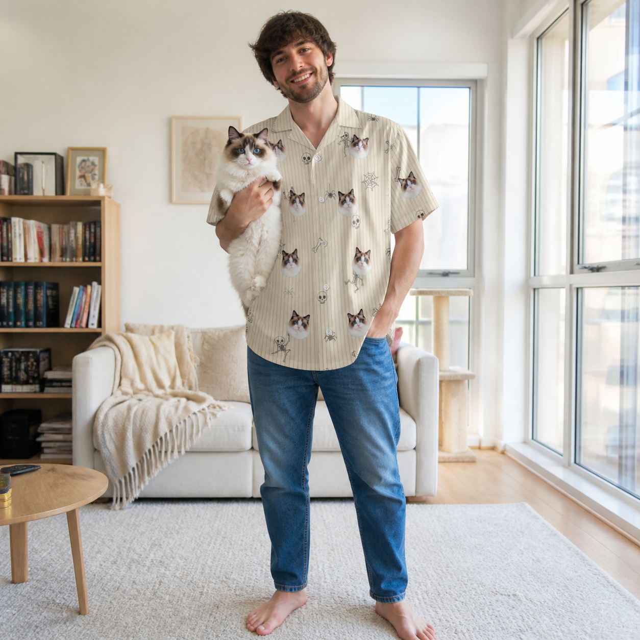 Full-length photo with the pet printed all over this Men's Arachnid Antics Custom Cat Face Hawaiian Shirt