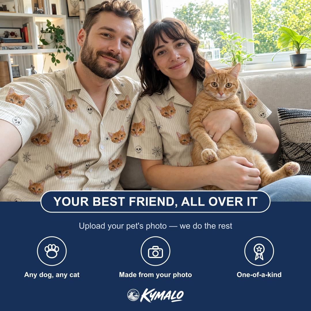 Friends in matching Men's Arachnid Antics Custom Cat Face Hawaiian Shirt — a group gift photo