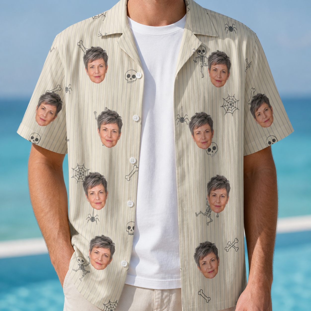 Man wearing Men's Arachnid Antics Custom Face Hawaiian Shirt open over a white tee