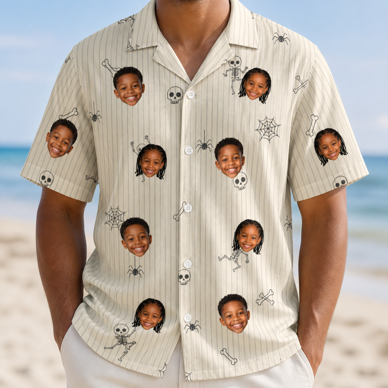 Model wearing Men's Arachnid Antics Custom Face Hawaiian Shirt printed with kids' faces