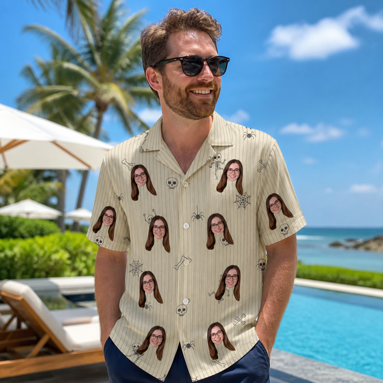 Real-life photo of someone wearing Men's Arachnid Antics Custom Face Hawaiian Shirt — custom faces printed all-over