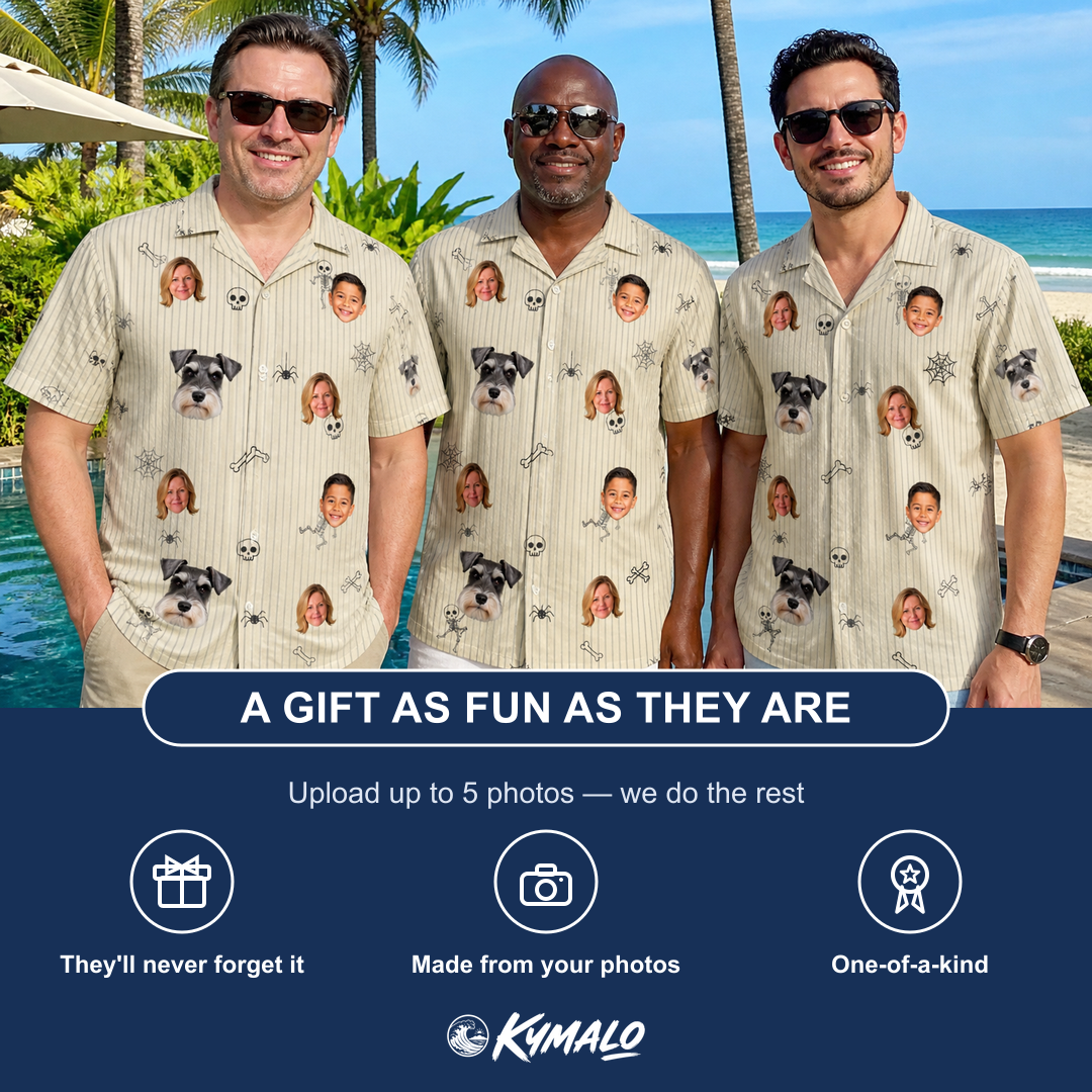 Friends in matching Men's Arachnid Antics Custom Face Hawaiian Shirt — a group gift photo