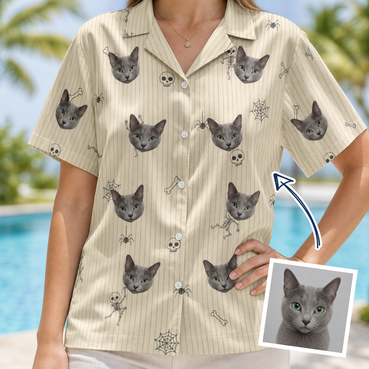 Woman wearing Women's Arachnid Antics Custom Cat Face Hawaiian Shirt — custom faces printed all-over