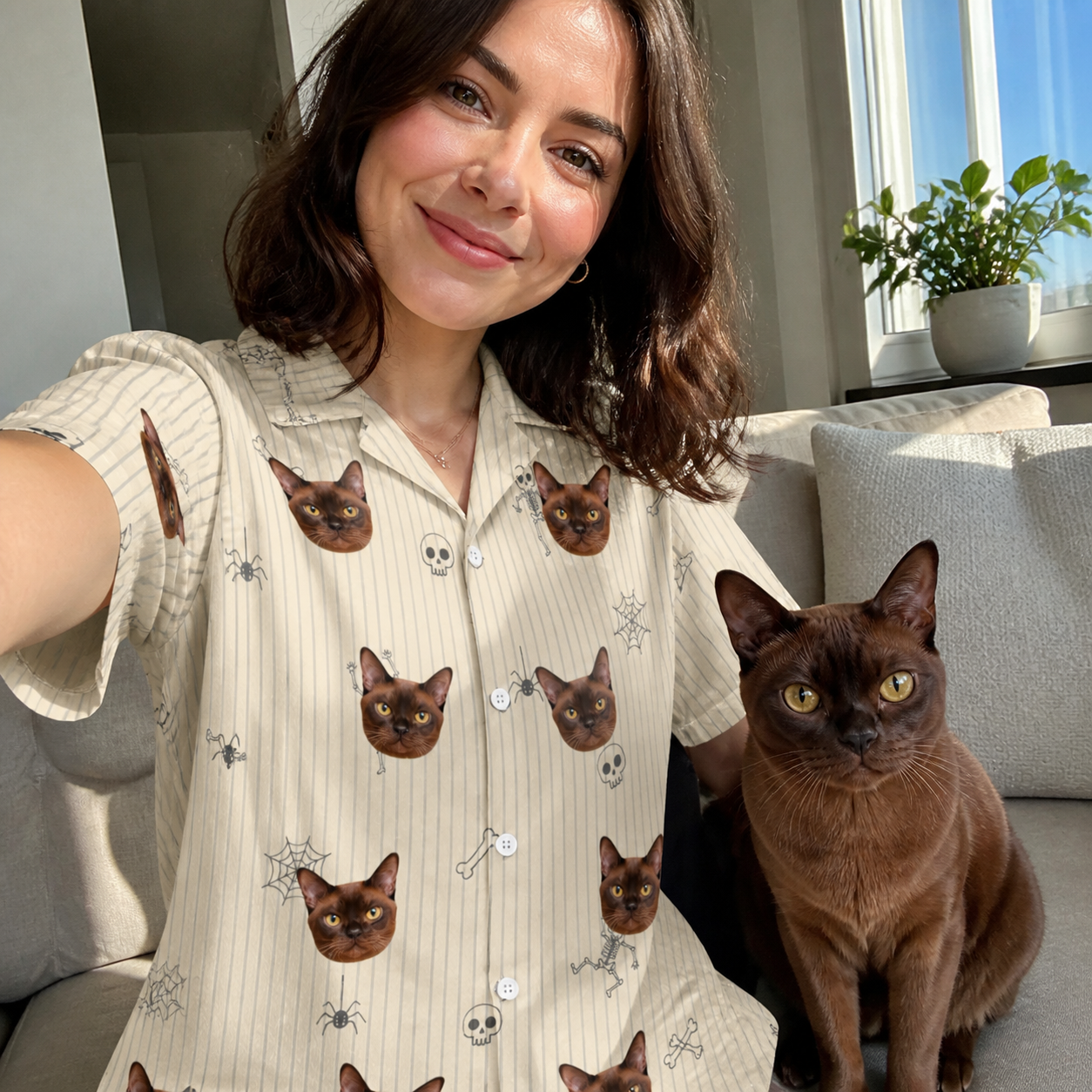 Selfie with the pet whose face is printed all over this Women's Arachnid Antics Custom Cat Face Hawaiian Shirt