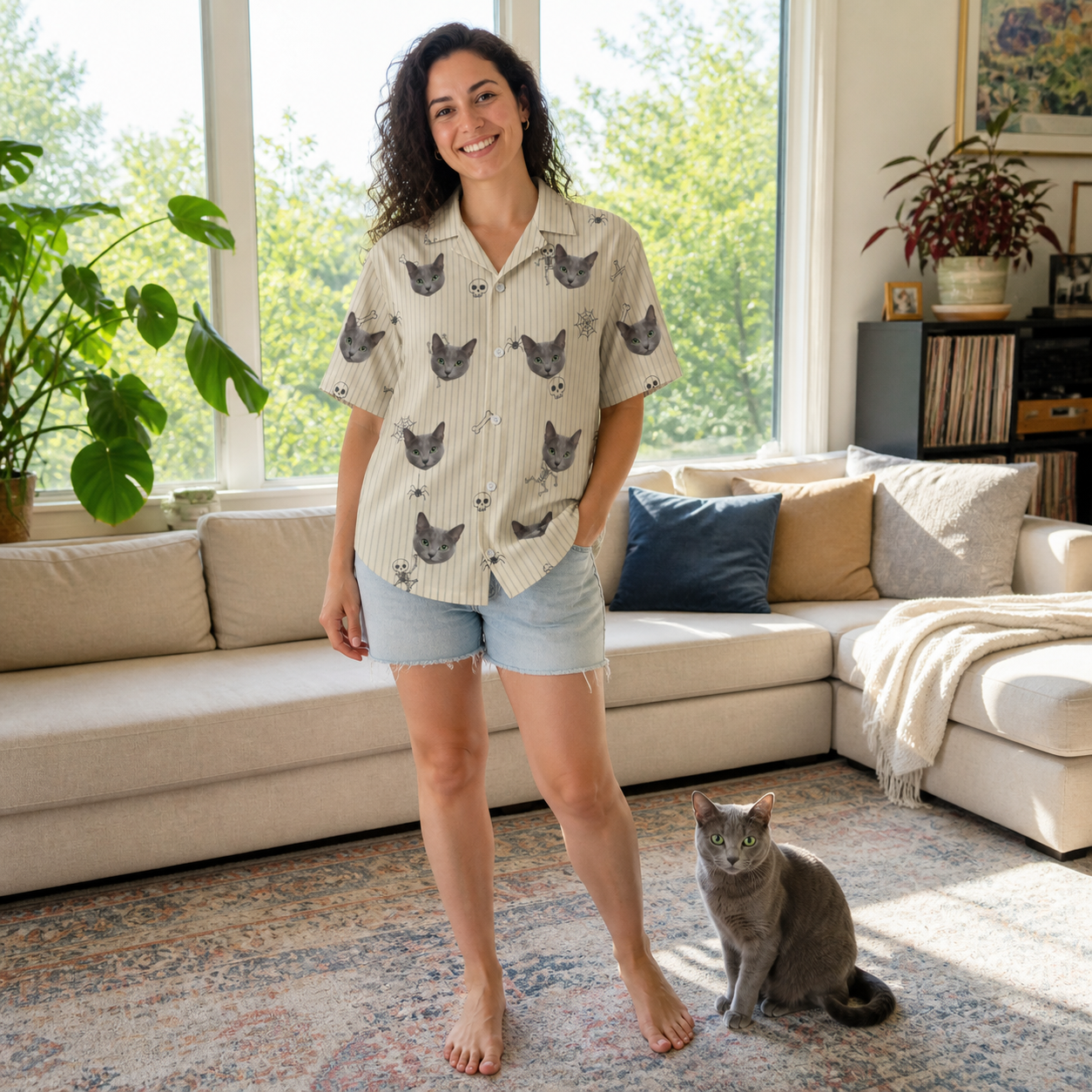 Full-length photo with the pet printed all over this Women's Arachnid Antics Custom Cat Face Hawaiian Shirt