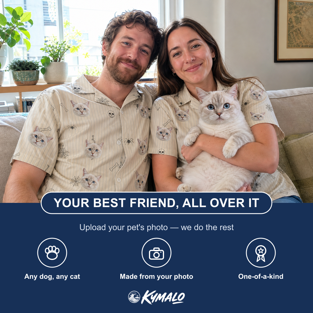 Friends in matching Women's Arachnid Antics Custom Cat Face Hawaiian Shirt — a group gift photo