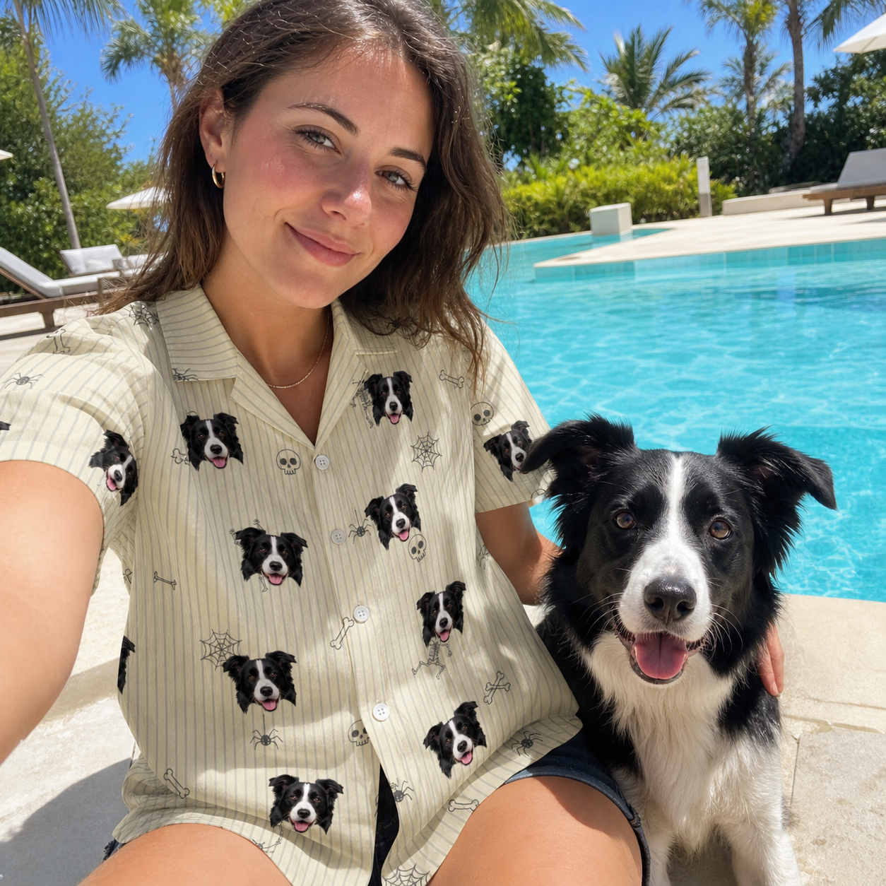 Selfie with the pet whose face is printed all over this Women's Arachnid Antics Custom Dog Face Hawaiian Shirt