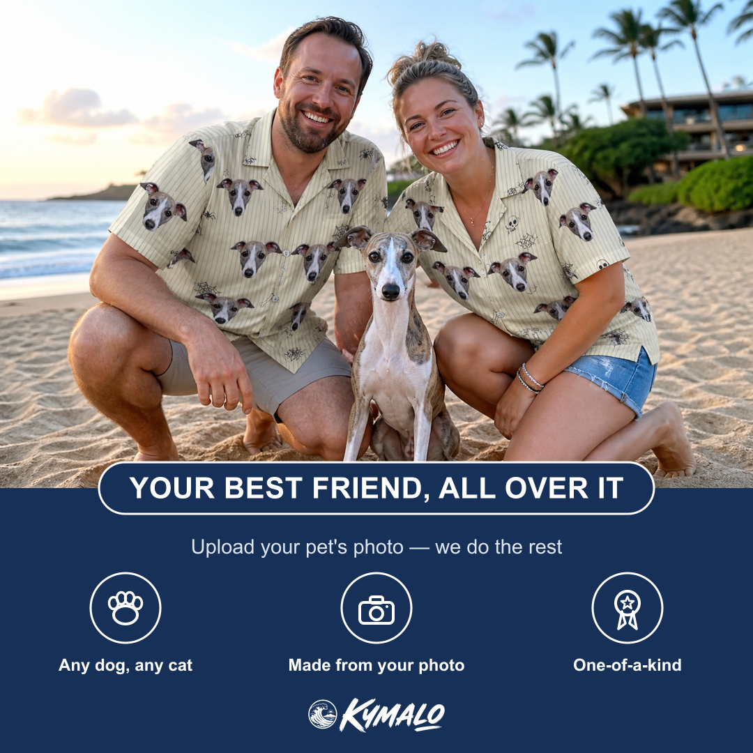 Friends in matching Women's Arachnid Antics Custom Dog Face Hawaiian Shirt — a group gift photo
