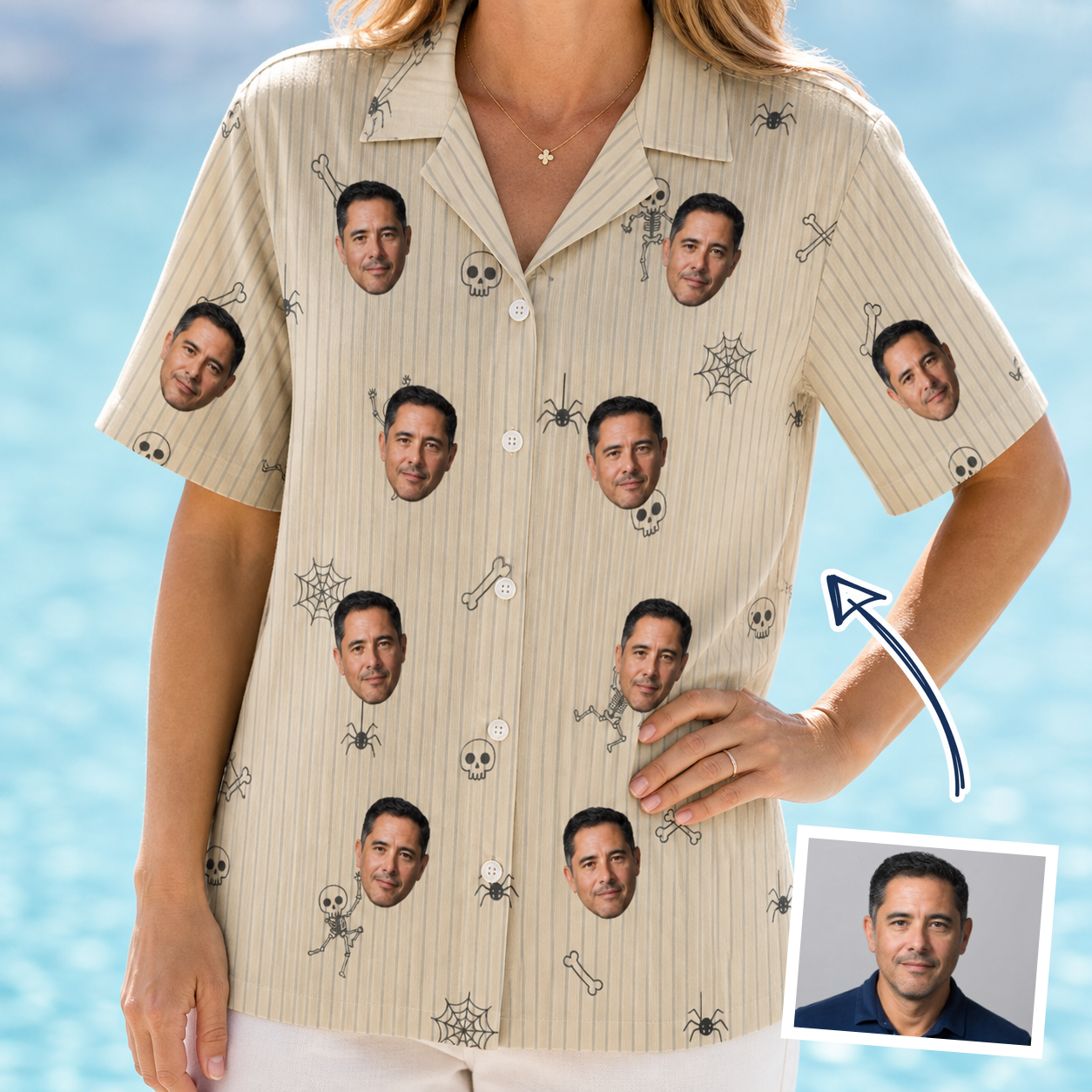 Woman wearing Women's Arachnid Antics Custom Face Hawaiian Shirt — custom faces printed all-over