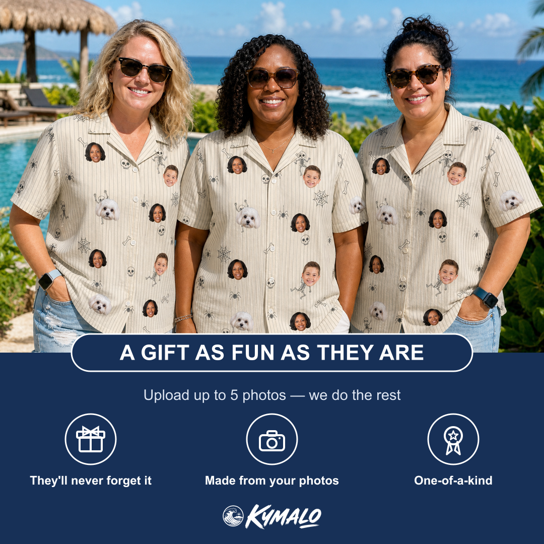 Friends in matching Women's Arachnid Antics Custom Face Hawaiian Shirt — a group gift photo