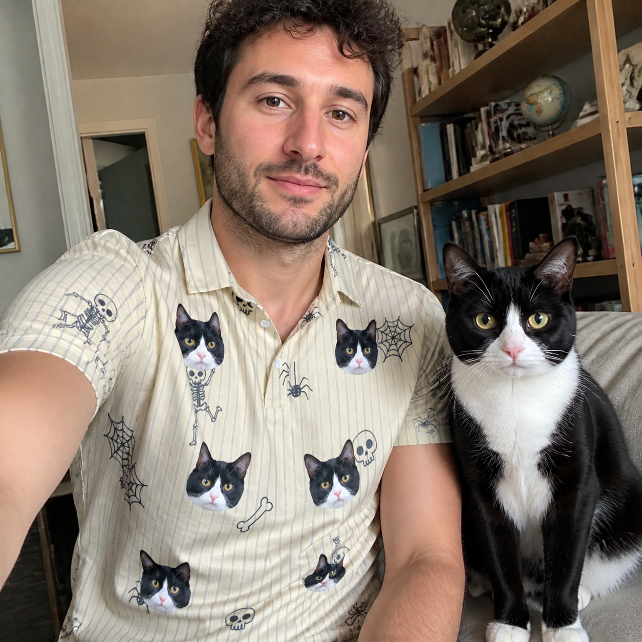 Selfie with the pet whose face is printed all over this Men's Arachnid Antics Custom Cat Face Polo Shirt