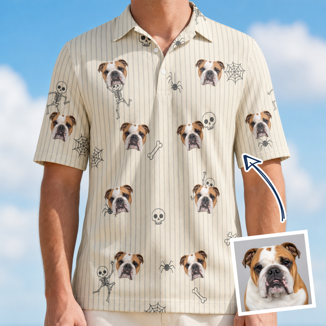 Man wearing Men's Arachnid Antics Custom Dog Face Polo Shirt — custom faces printed all-over