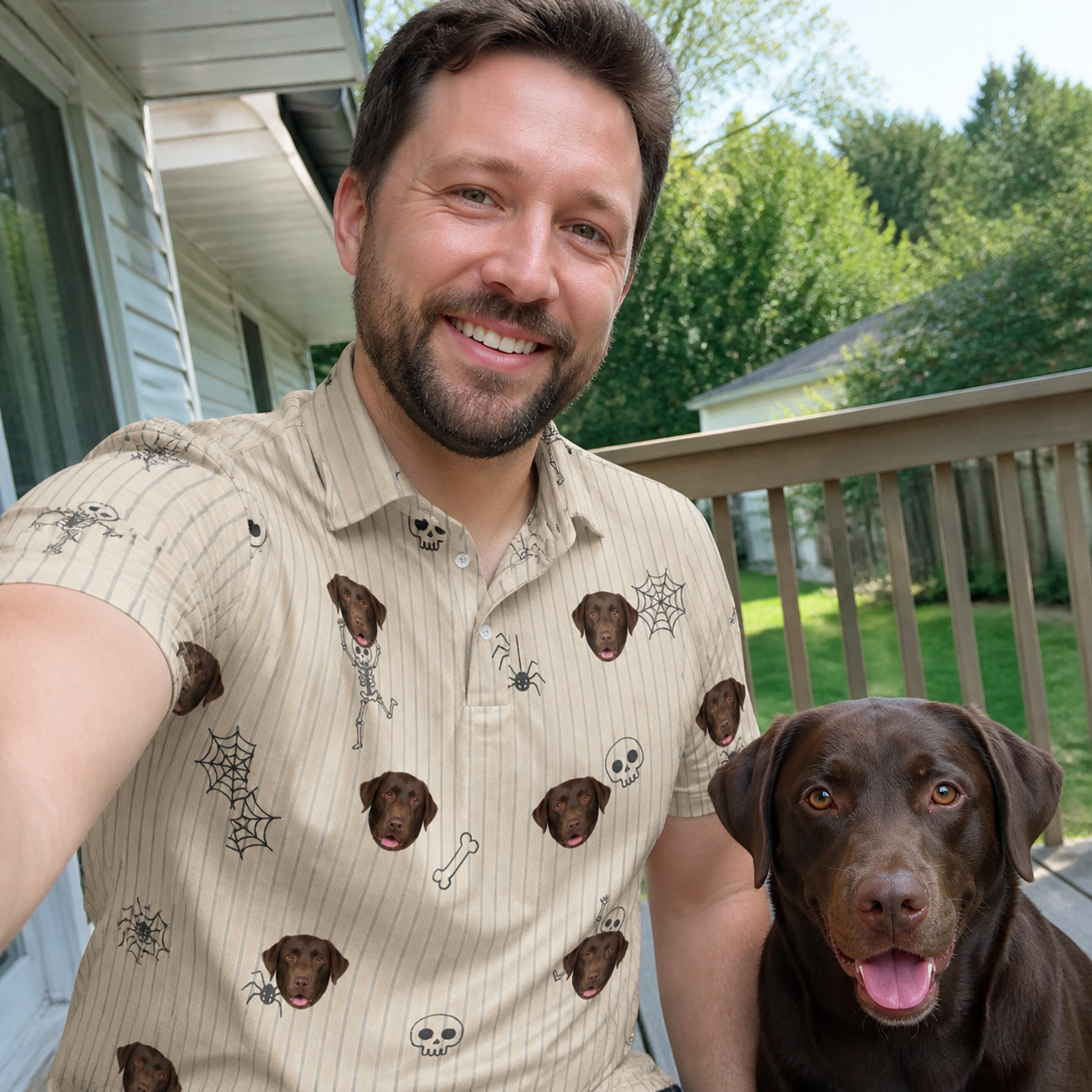 Selfie with the pet whose face is printed all over this Men's Arachnid Antics Custom Dog Face Polo Shirt