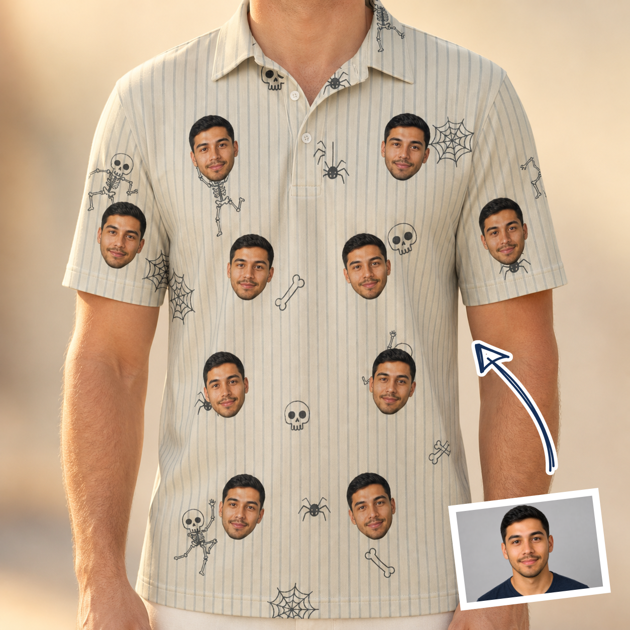 Man wearing Men's Arachnid Antics Custom Face Polo Shirt — custom faces printed all-over