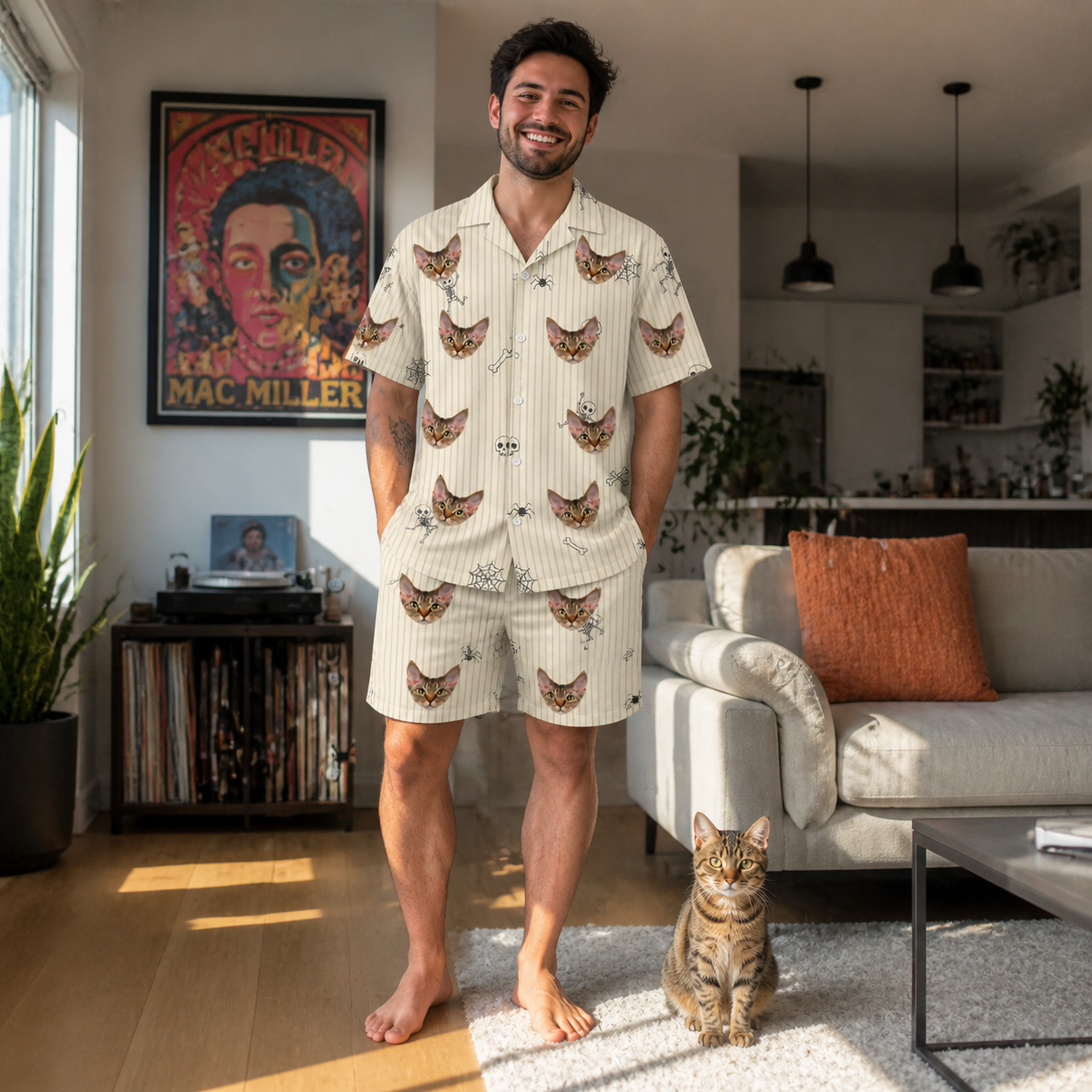 Full-length photo with the pet printed all over this Men's Arachnid Antics Custom Cat Face Shirt & Shorts Set