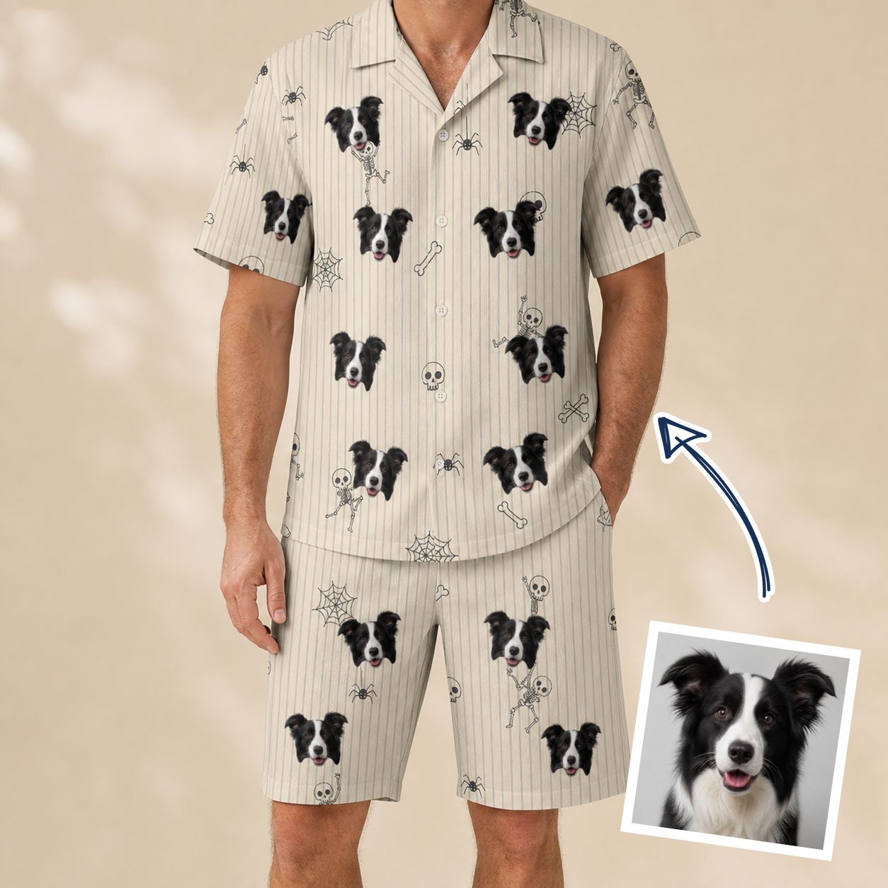 Man wearing Men's Arachnid Antics Custom Dog Face Shirt & Shorts Set — custom faces printed all-over