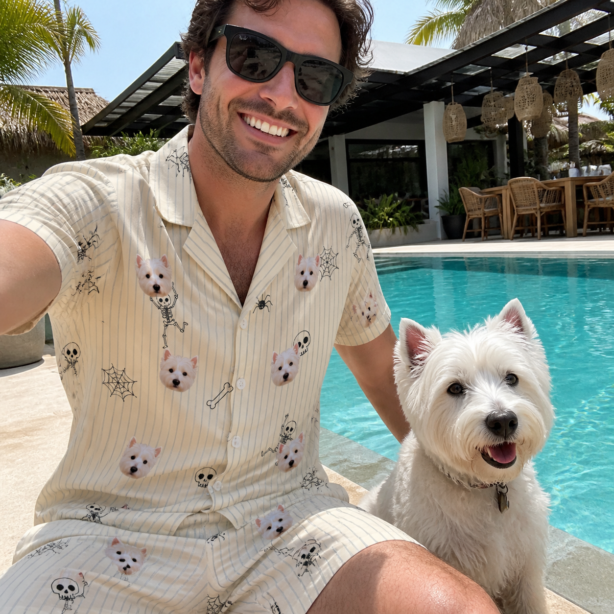 Selfie with the pet whose face is printed all over this Men's Arachnid Antics Custom Dog Face Shirt & Shorts Set