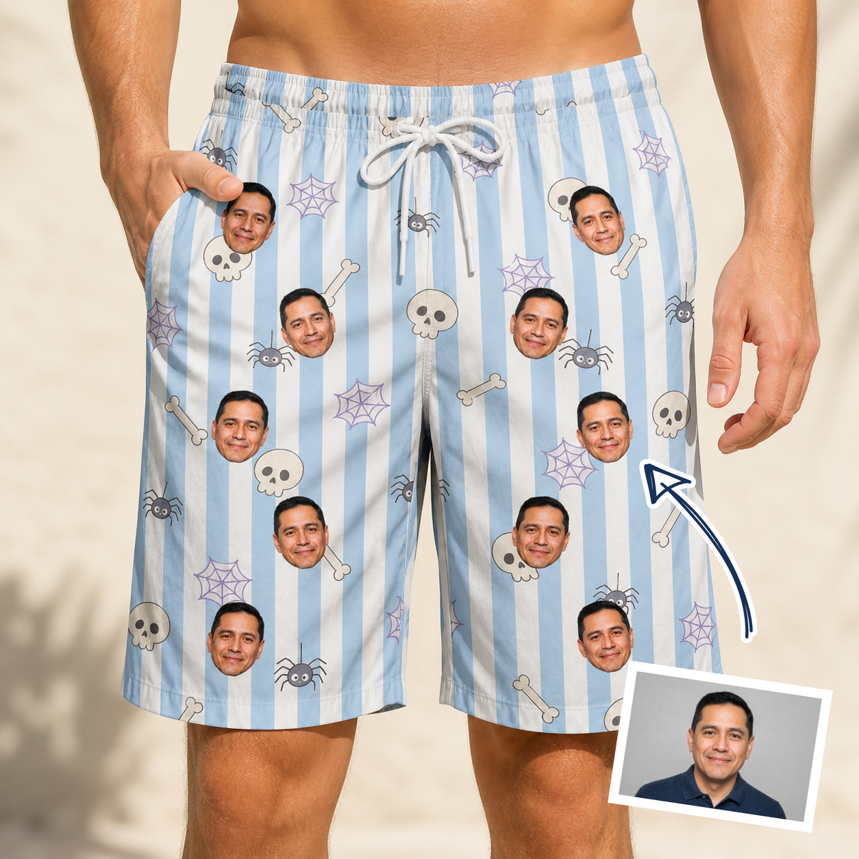 Man wearing Men's Graveyard Giggles Custom Face Beach Shorts — custom faces printed all-over