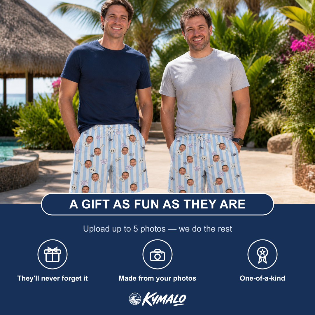 Friends in matching Men's Graveyard Giggles Custom Face Beach Shorts — a group gift photo