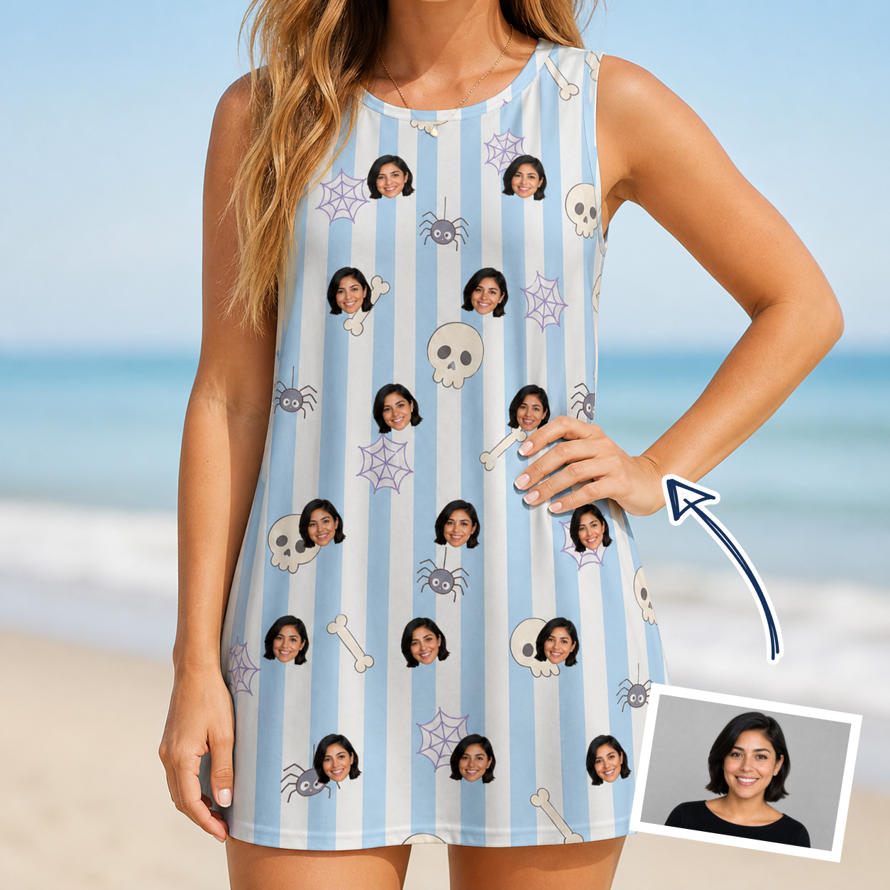 Woman wearing Women's Graveyard Giggles Custom Face Tank Dress — custom faces printed all-over