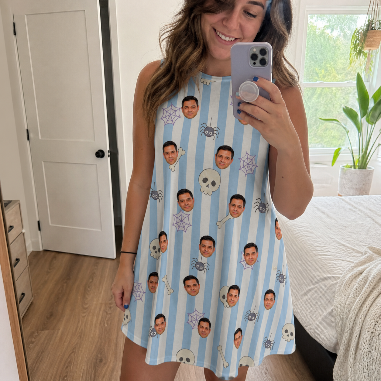 Real-life photo of someone wearing Women's Graveyard Giggles Custom Face Tank Dress — custom faces printed all-over