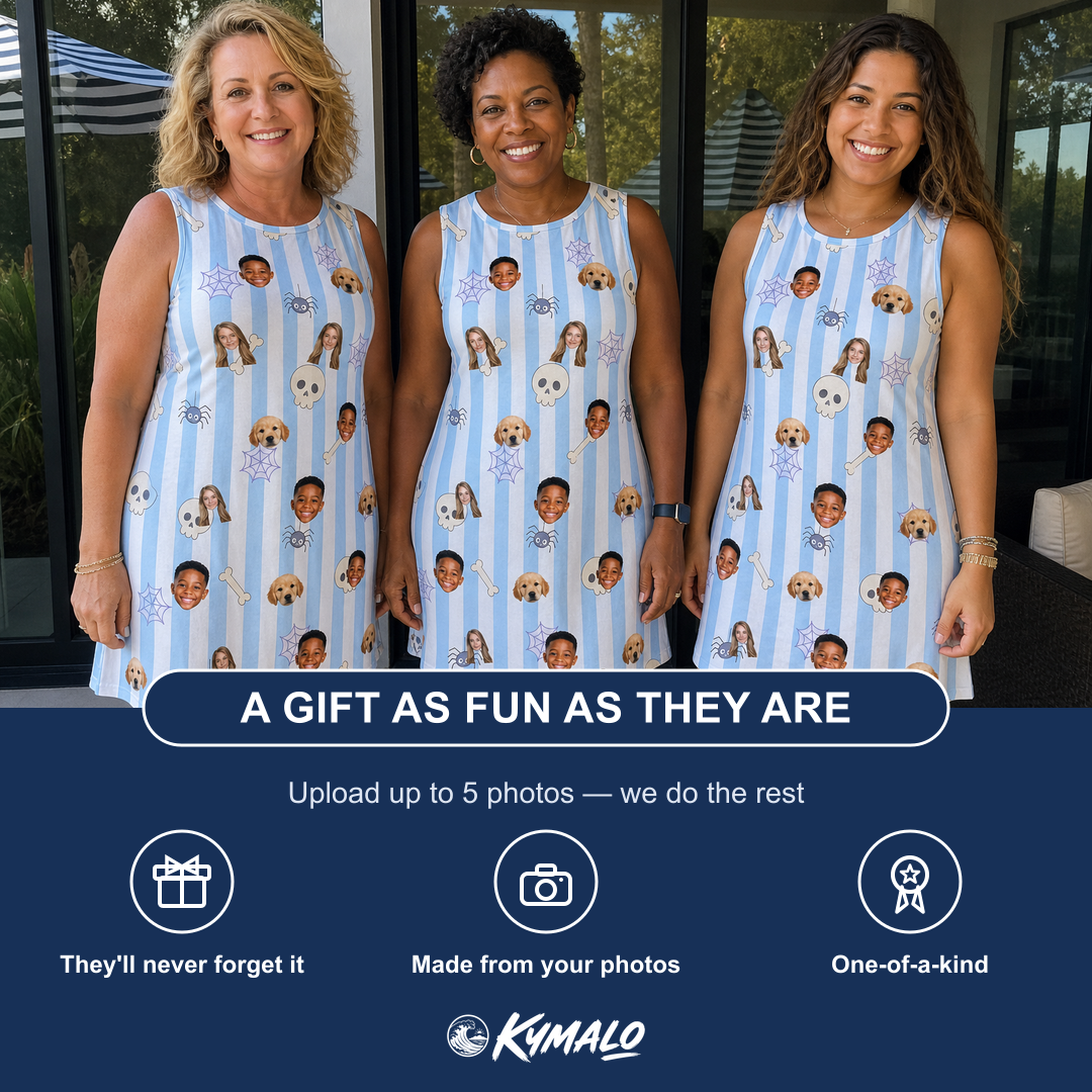 Friends in matching Women's Graveyard Giggles Custom Face Tank Dress — a group gift photo