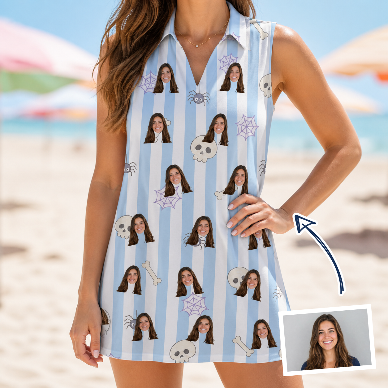 Woman wearing Women's Graveyard Giggles Custom Face V-Neck Dress — custom faces printed all-over