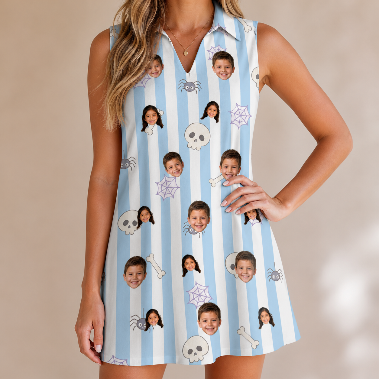 Model wearing Women's Graveyard Giggles Custom Face V-Neck Dress printed with kids' faces