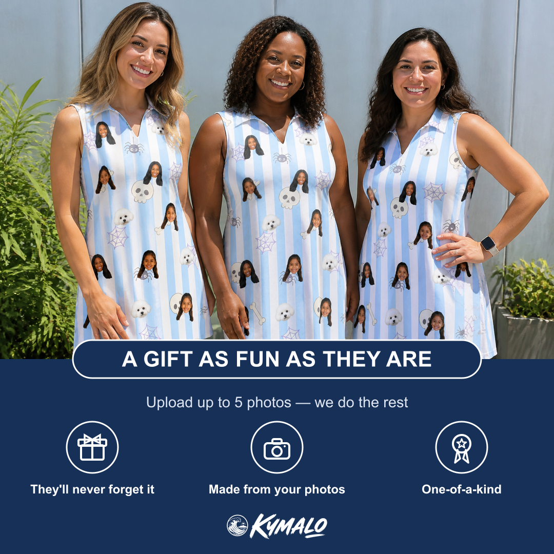Friends in matching Women's Graveyard Giggles Custom Face V-Neck Dress — a group gift photo