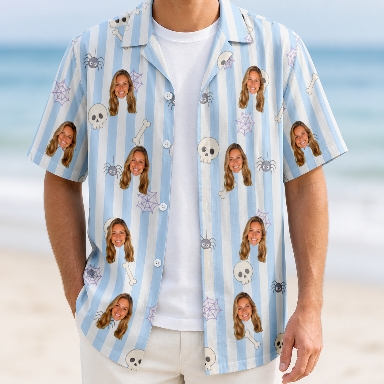 Man wearing Men's Graveyard Giggles Custom Face Hawaiian Shirt open over a white tee