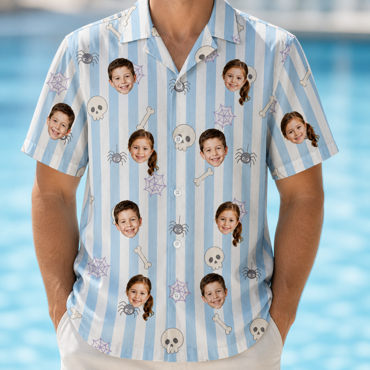 Model wearing Men's Graveyard Giggles Custom Face Hawaiian Shirt printed with kids' faces