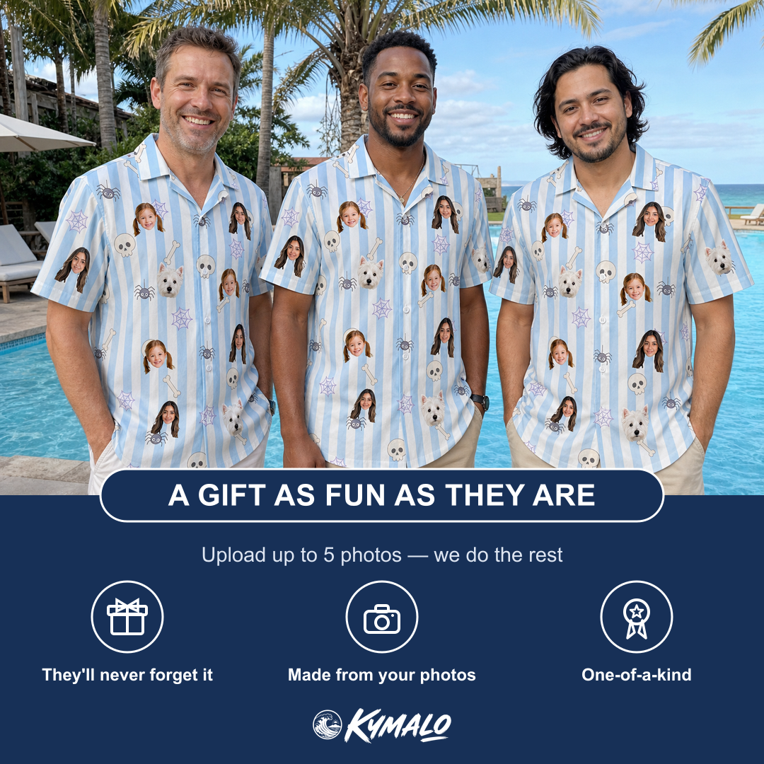 Friends in matching Men's Graveyard Giggles Custom Face Hawaiian Shirt — a group gift photo