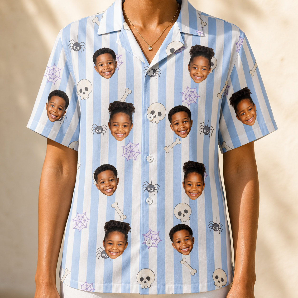Model wearing Women's Graveyard Giggles Custom Face Hawaiian Shirt printed with kids' faces