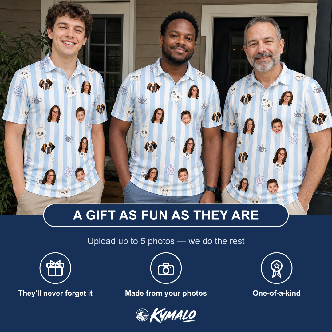 Friends in matching Men's Graveyard Giggles Custom Face Polo Shirt — a group gift photo