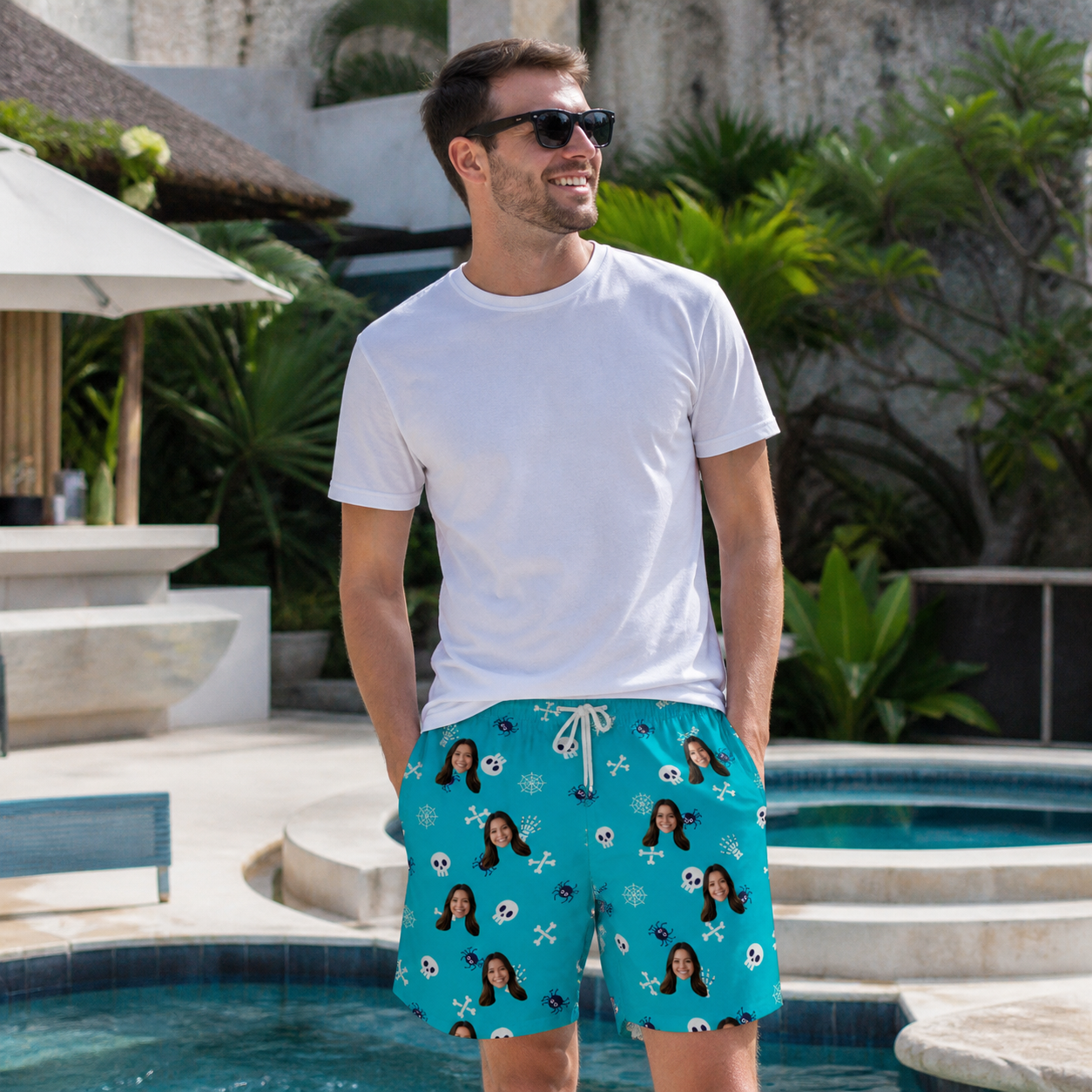 Real-life photo of someone wearing Men's Cranium Capers Custom Face Beach Shorts — custom faces printed all-over