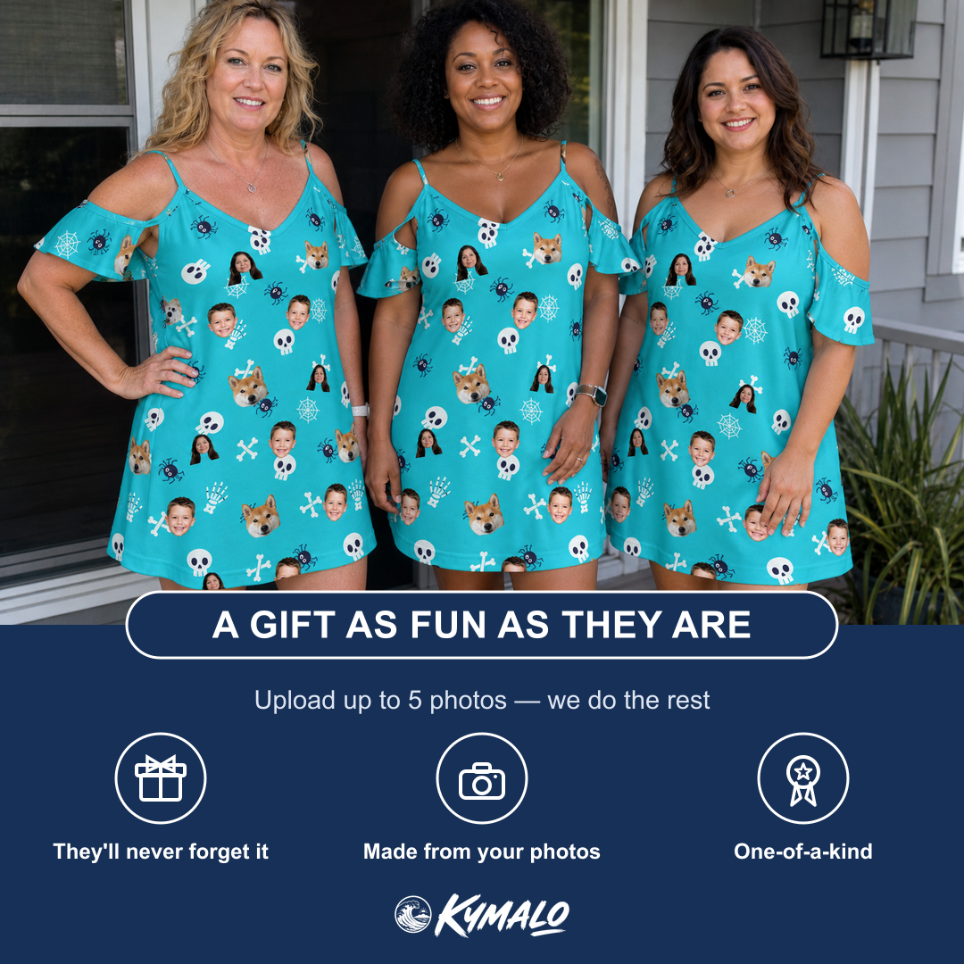 Friends in matching Women's Cranium Capers Custom Face Off-Shoulder Dress — a group gift photo