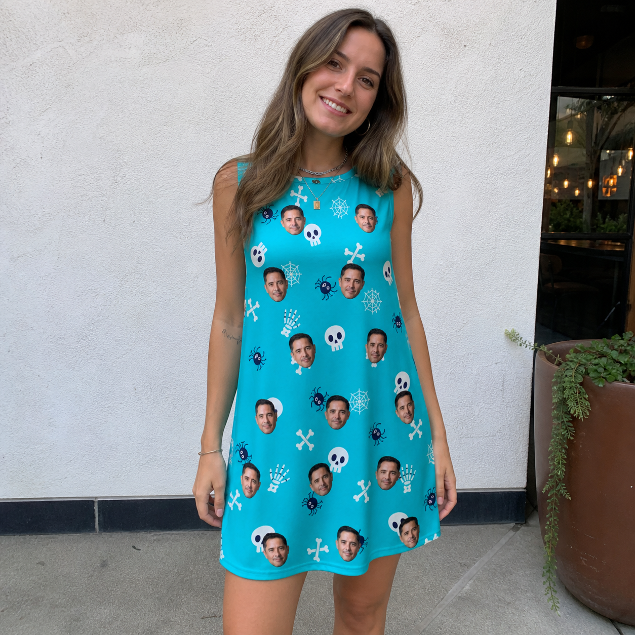 Real-life photo of someone wearing Women's Cranium Capers Custom Face Tank Dress — custom faces printed all-over