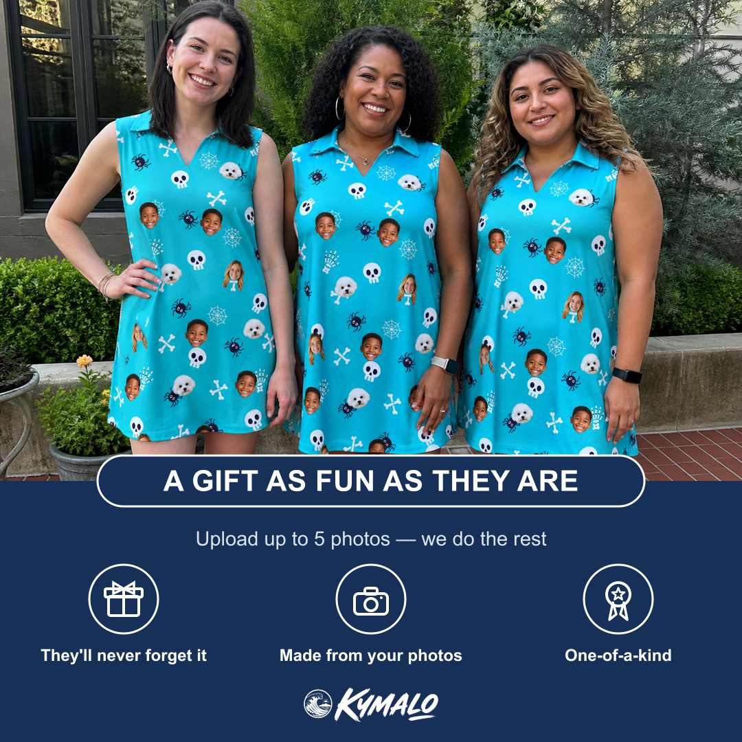 Friends in matching Women's Cranium Capers Custom Face V-Neck Dress — a group gift photo