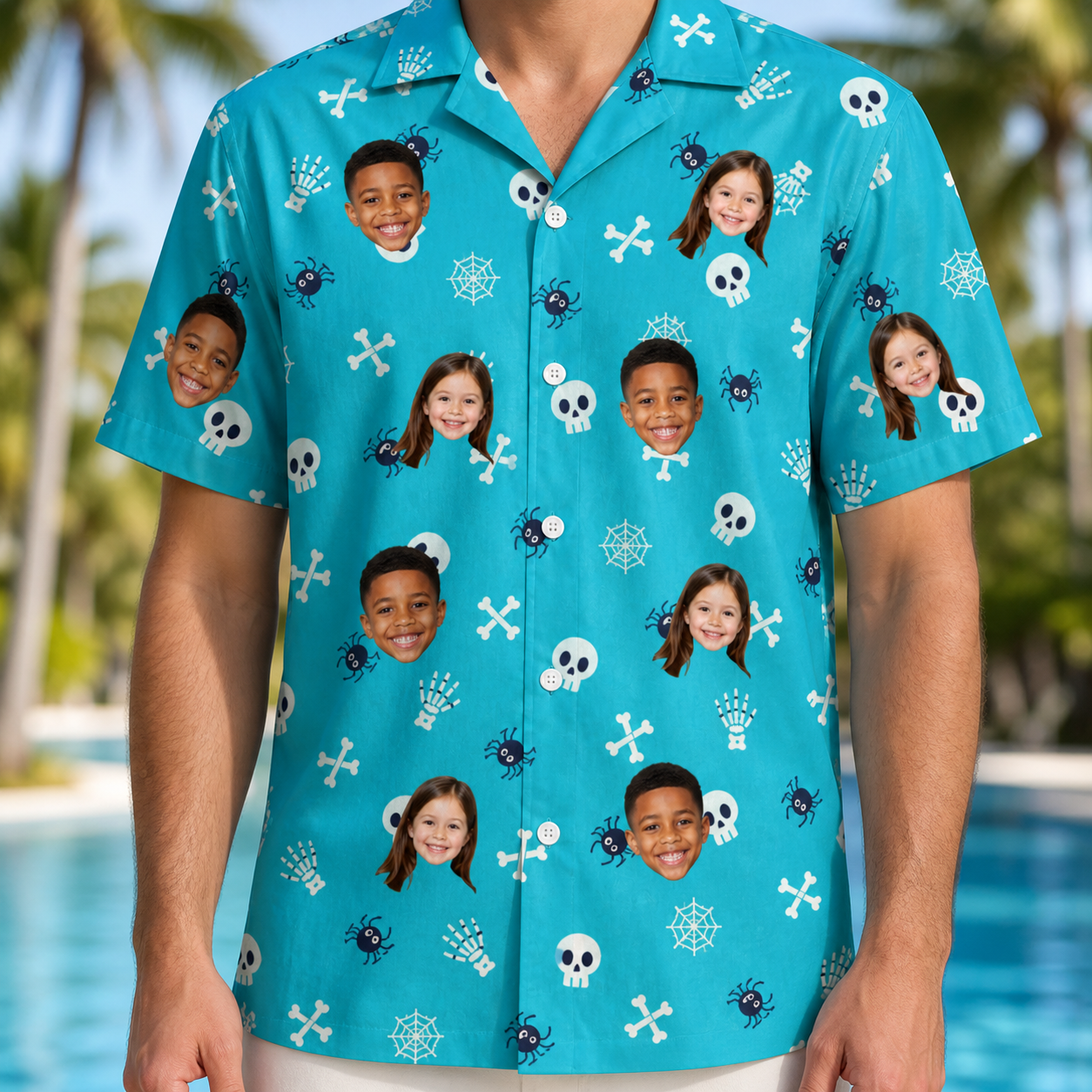 Model wearing Men's Cranium Capers Custom Face Hawaiian Shirt printed with kids' faces