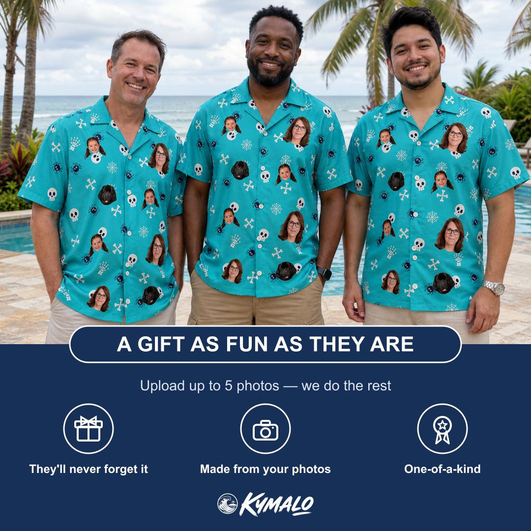 Friends in matching Men's Cranium Capers Custom Face Hawaiian Shirt — a group gift photo