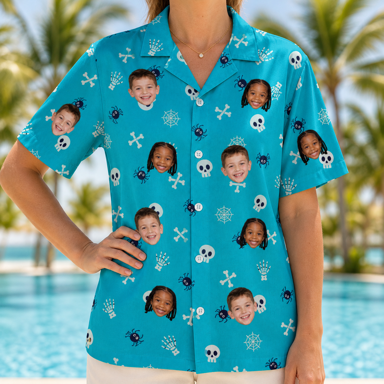 Model wearing Women's Cranium Capers Custom Face Hawaiian Shirt printed with kids' faces